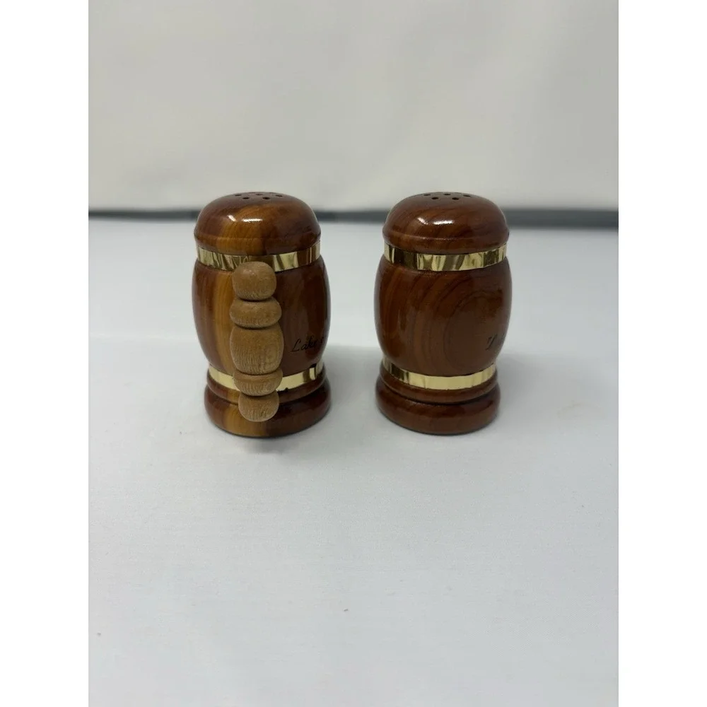 Wood Stein Vintage Lake Of The Parks Wooden‎ Salt & Pepper Shaker Retro MCM Gold
